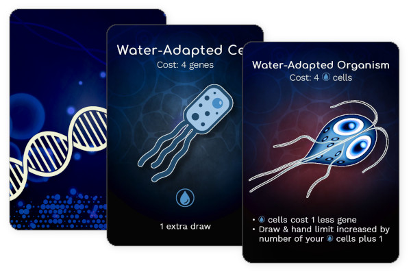 Microscopic card game cards: gene, cell and organism